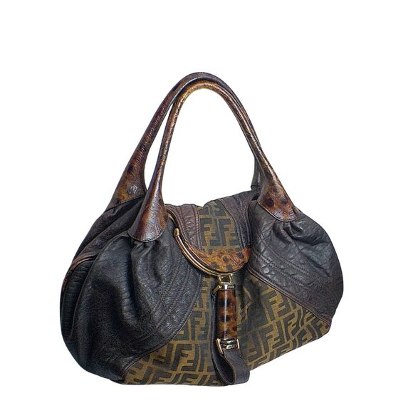 Fendi Zucca Nappa Nuvolata Vitello Tortuga Spy Bag Tobacco Brown Leather & Canva - Picture 1 of 16